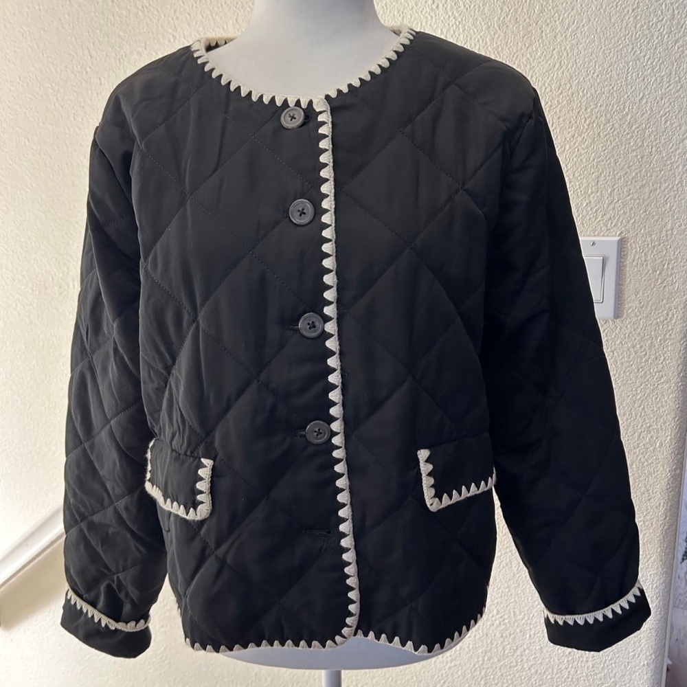 WAYF Whipstitch Quilted Black & White Buttoned Jacket Sz L Preppy Grannycore NWT - Picture 2 of 10